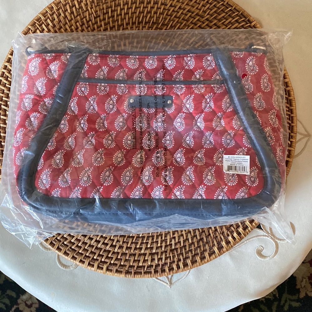 RARE, VINTAGE TRIMMED TRAPEZE CROSSBODY  in Petite Red Bandana Paisley Pattern